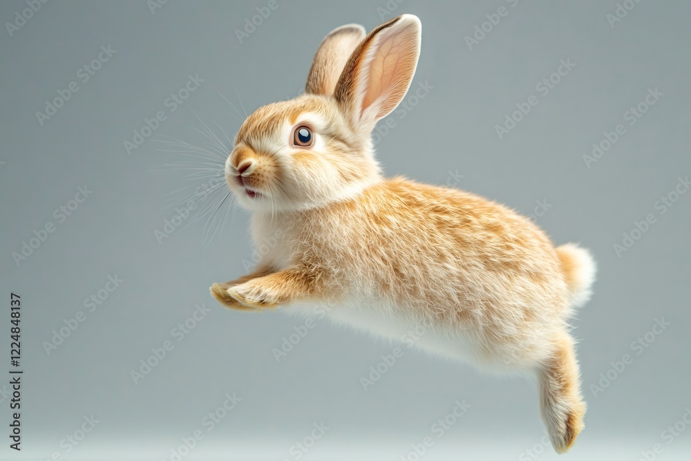 Fototapeta premium Cute brown baby rabbit jumping on gray background