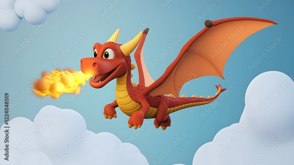 Naklejka premium Friendly Dragon Character Breathing Fire in 3D Cartoon Style featuring Fluffy Clouds and Bright Blue Sky with Whimsical Flying Adventure Scene