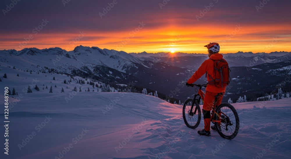 Obraz premium Cyclist admiring breathtaking mountain sunset in snowy winter landscape