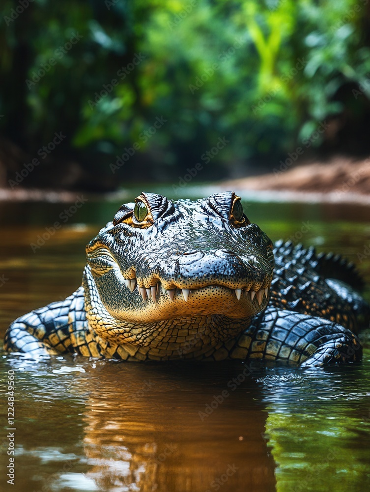 Fototapeta premium Crocodile swimming at sunset, predator, wildlife, golden light, reflection, river, natural habitat, wetlands, silhouette, reptile