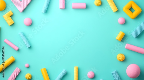 Colorful geometric shapes on vibrant turquoise background ideal for creative projects and modern design themes
