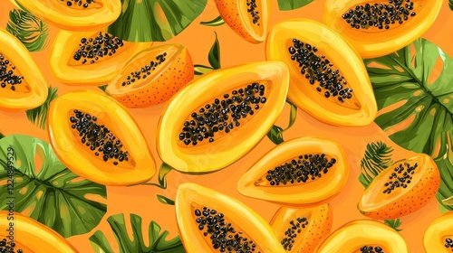 Vibrant and Colorful Papaya Pattern on Orange Background Featuring Sliced Fruits and Tropical Leaves with Rich Contrast and Textures for Graphic Design Projects