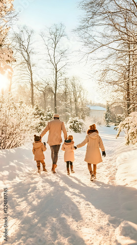 Family walks through snowy ...