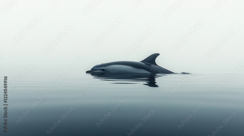 Obraz premium A dolphin gliding smoothly over a mirror-like water surface in a minimalist ocean scene. The serenity and harmony of the sea are conveyed in soft tones and a simple background