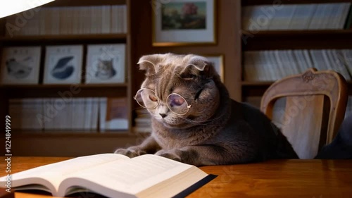 A cat reading with glasses on
