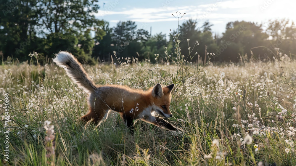 A playful fox explores a field of wildflowers, bathed in soft sunlight, showcasing the beauty of nature and wildlife in a serene outdoor setting. A playful fox explores a field of wildflowers, bathed in soft sunlight, showcasing the beauty of nature and wildlife in a serene outdoor setting.