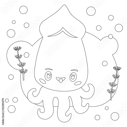 Squid in the water, vector cute ocean dweller. Children's illustration.