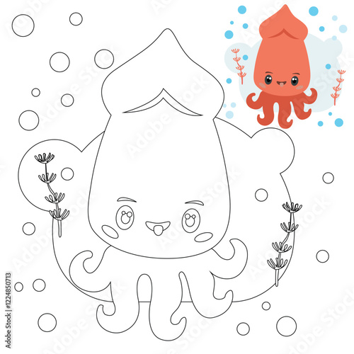 Squid in the water, vector cute ocean dweller. Children's illustration.