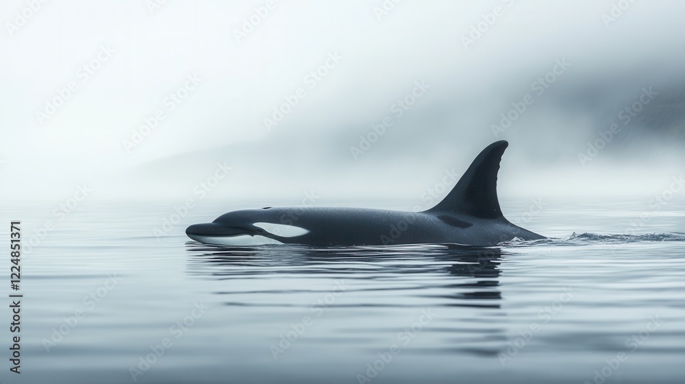 Naklejka premium A killer whale in the fog, gliding through calm water, creating a minimalist and mysterious mood
