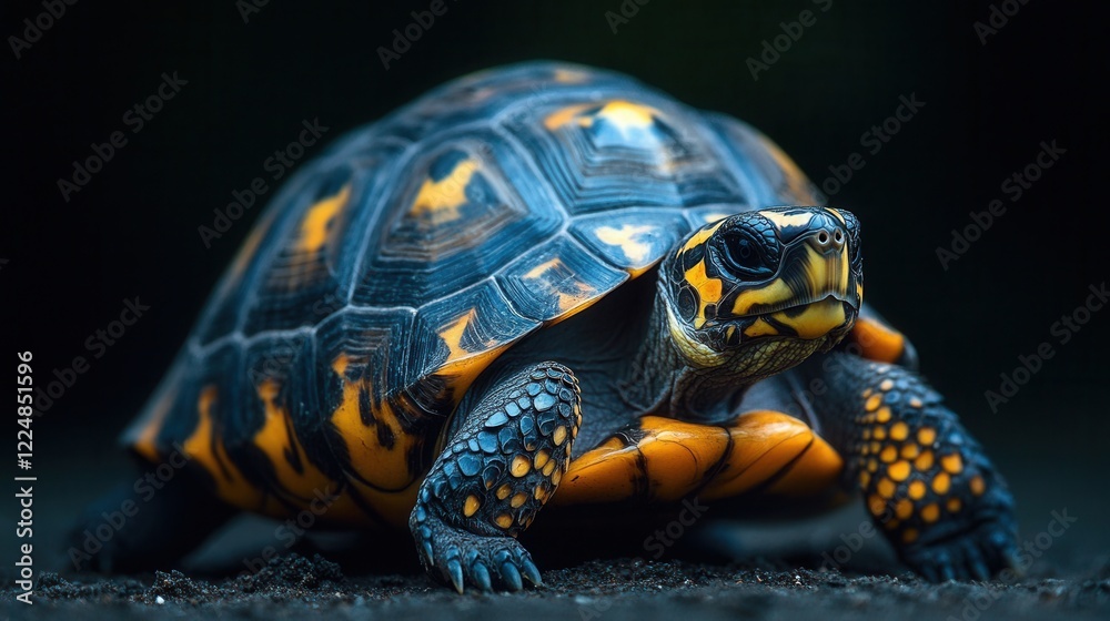 Fototapeta premium Highly detailed close-up of a land tortoise with an expressive shell and textured skin on a black background