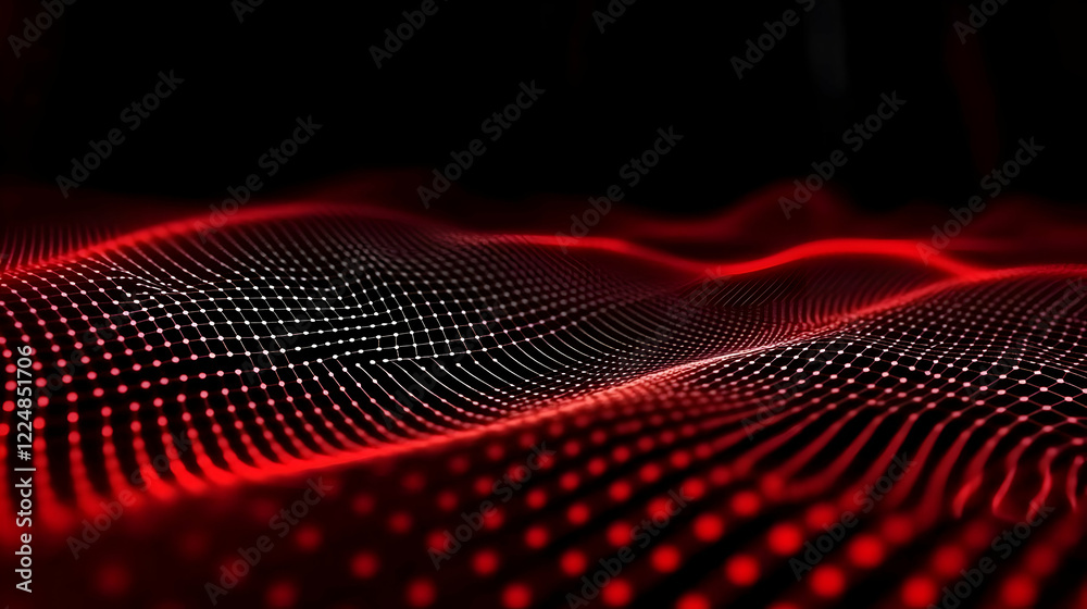 Fototapeta premium Abstract Red Digital Wave Background Flows Smoothly with Interconnected Dots and Lines Dynamically.