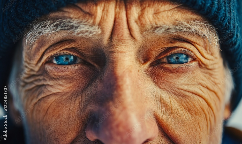 Close-up Portrait of Elderly Man with Kind Blue Eyes, Showing Wrinkles and Age, Expressing Wisdom and Experience, Unique Features of Aging and Diverse Generations Concept, Generative AI Close-up Portrait of Elderly Man with Kind Blue Eyes, Showing Wrinkles and Age, Expressing Wisdom and Experience, Unique Features of Aging and Diverse Generations Concept, Generative AI