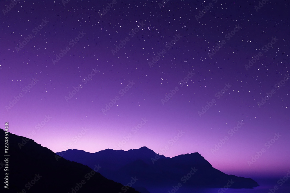 Serene twilight landscape with distant mountains under a starry sky, evoking tranquility and wonder Serene twilight landscape with distant mountains under a starry sky, evoking tranquility and wonder