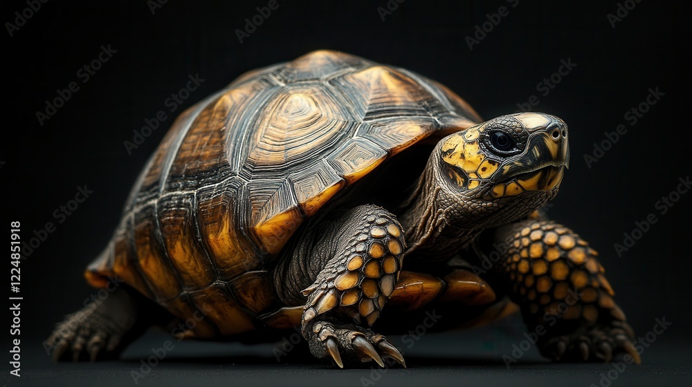Fototapeta premium Highly detailed close-up of a land tortoise with an expressive shell and textured skin on a black background