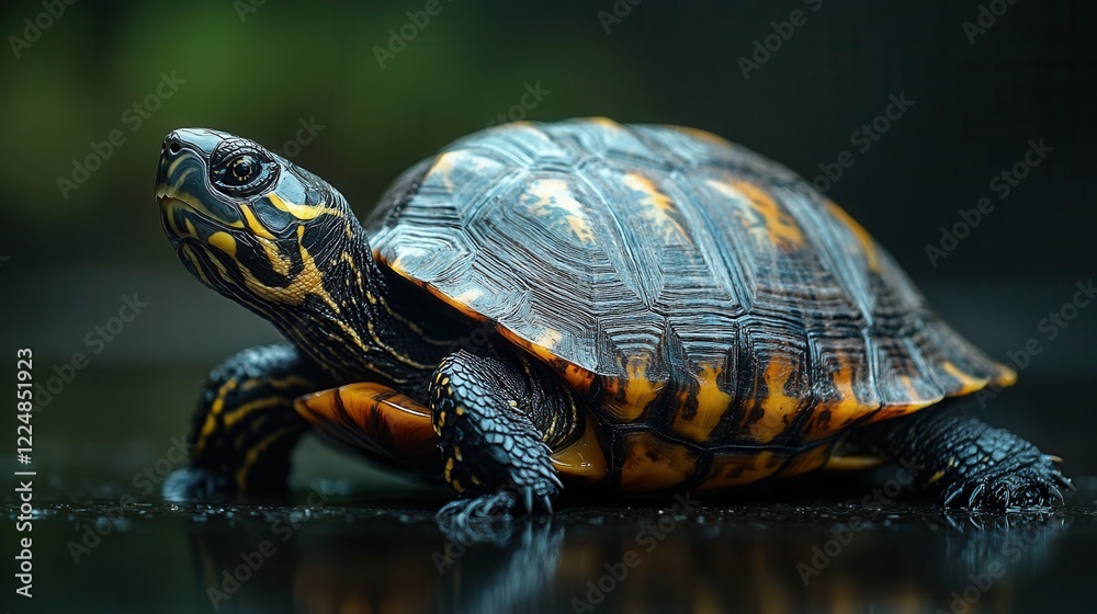 Obraz premium Highly detailed close-up of a land tortoise with an expressive shell and textured skin on a black background