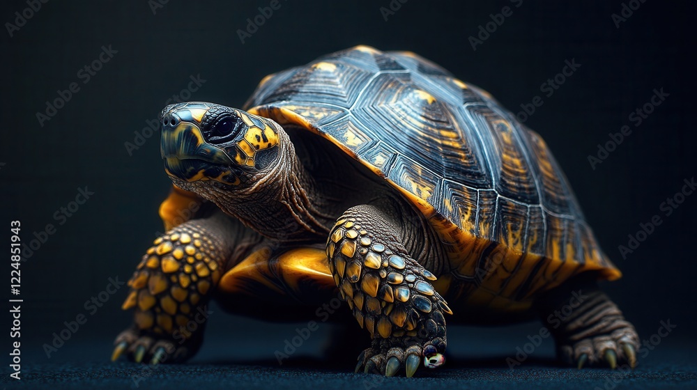 Fototapeta premium Highly detailed close-up of a land tortoise with an expressive shell and textured skin on a black background