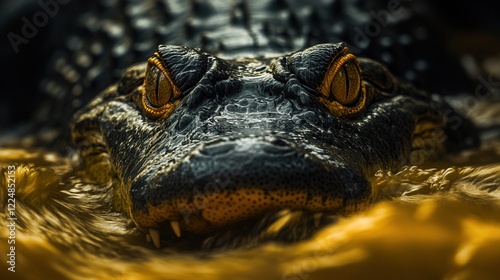 Close-up of an attacking crocodile with bright yellow eyes in water