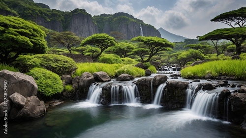 Scenic view of Jeju with cascading waterfalls and lush greenery inviting exploration in the tranquil landscape