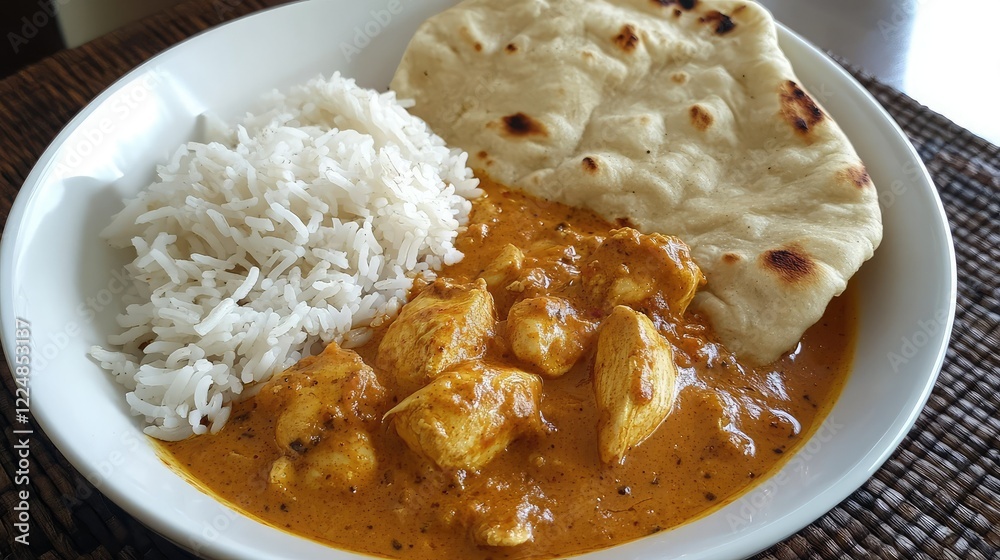 Delicious Chicken Curry with Rice and Naan on White Plate Captured in Natural Light, Ideal for Food Blogs, Recipes, and Culinary Content Delicious Chicken Curry with Rice and Naan on White Plate Captured in Natural Light, Ideal for Food Blogs, Recipes, and Culinary Content