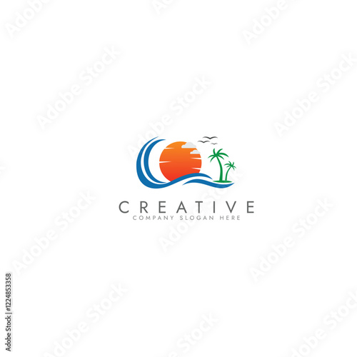 Free Download Palm tree wave travel logo set Wave beach palm logo design icon combination Vector illustration - GFXLoad