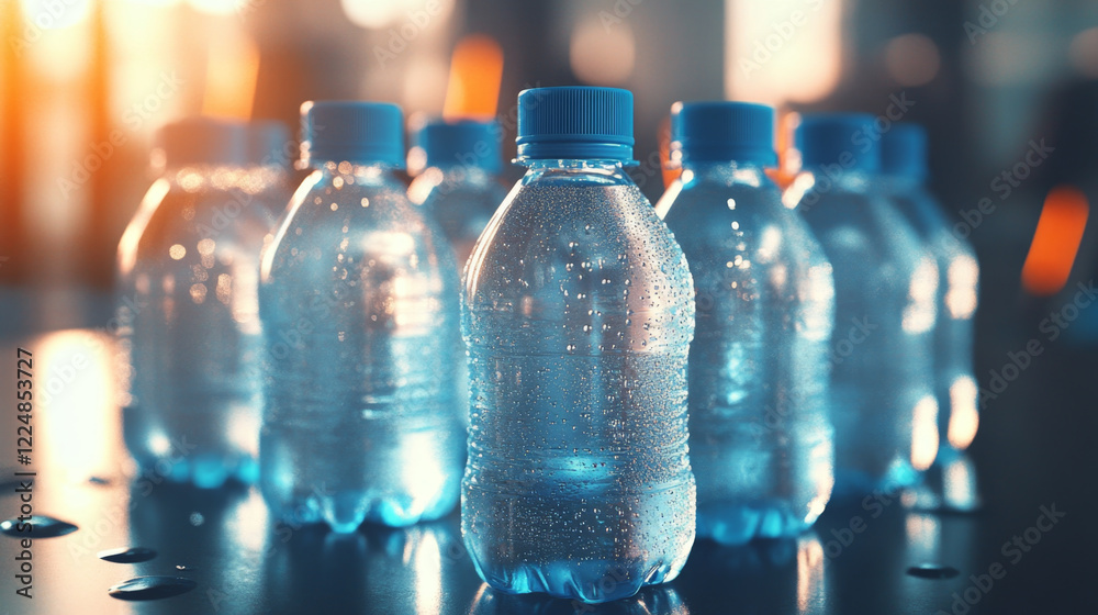 Plastic Water Bottles with Condensation in Warm Light Plastic Water Bottles with Condensation in Warm Light