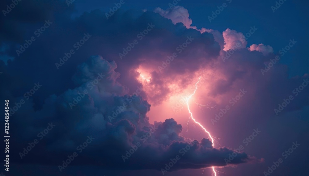 Thunderstorm clouds lit up by a bright flash of lightning, , bright flash, electrical Thunderstorm clouds lit up by a bright flash of lightning, , bright flash, electrical