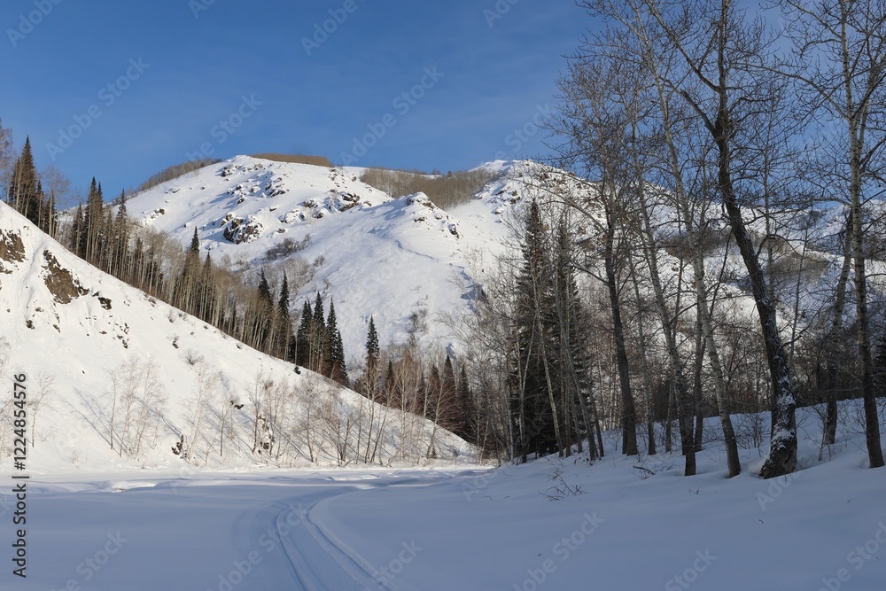 Obraz premium Frozen frozen Malaya Ulba river in the mountains of Eastern Kazakhstan in winter