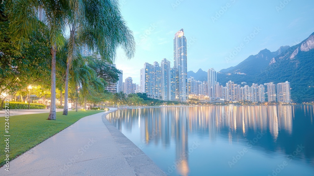 Fototapeta premium City skyline reflecting on calm lake at dawn, park path