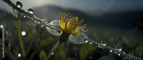 A captivating close up of a wildflower entangled with dew drops revealing intricate details and natural beauty