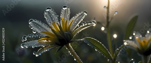 A captivating close up of a wildflower entangled with dew drops revealing intricate details and natural beauty