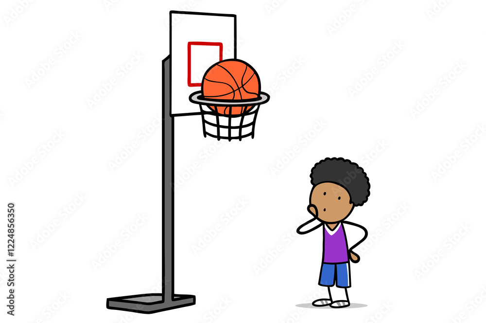 Fototapeta premium Junge schaut fragend zu Basketball, der in Korb stecken geblieben ist
