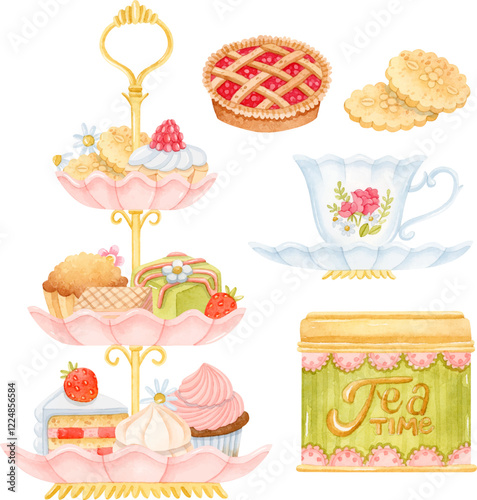 Watercolor dessert stand with sweets, muffin, cake, cookie, waffle, teacup and tea tin box