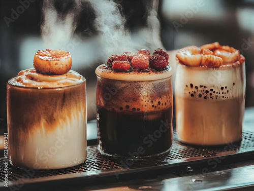 Three Steaming Coffee Drinks Topped with Fruit and Cream Beautifully in Glass Cups on a Tray photo