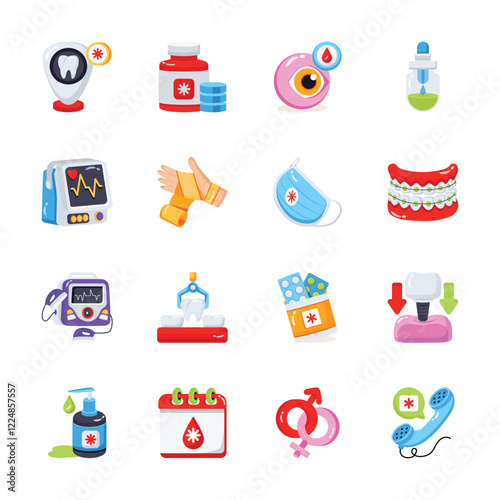 The vibrant collection showcases various medical and healthcare icons, designed in a flat, cartoonish style.