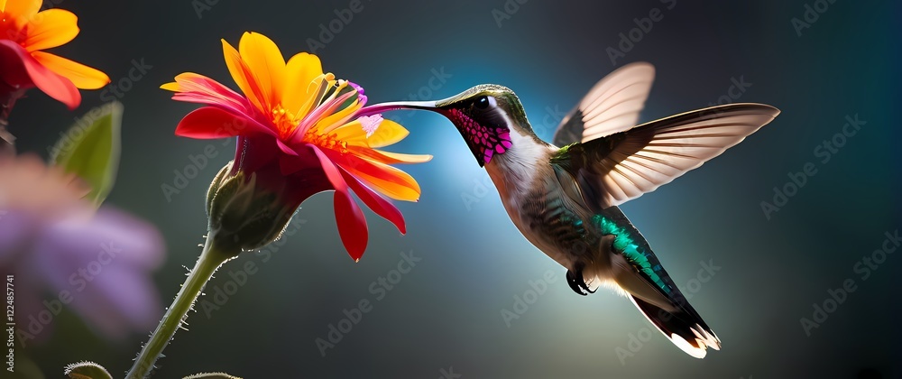 Fototapeta premium A brilliant capture of a hummingbird feeding on a vibrant flower showcasing the delicate beauty of wildlife