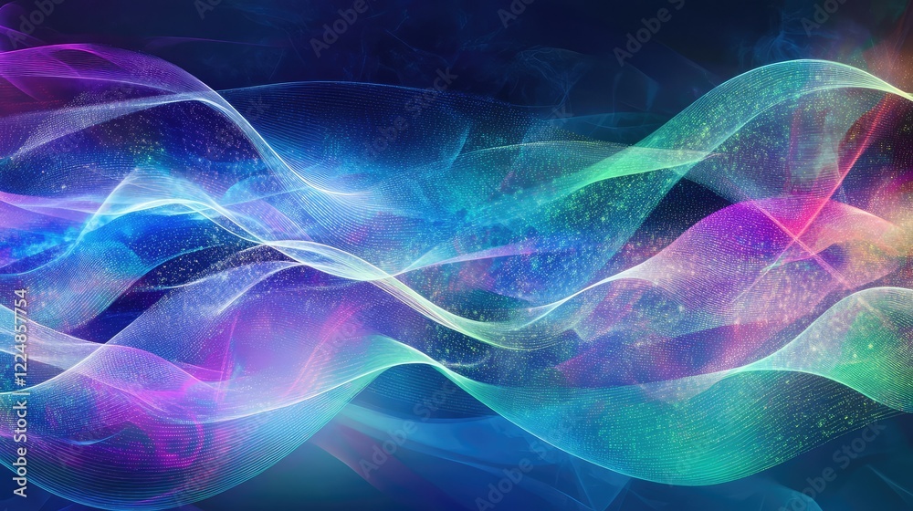 Abstract digital waves flowing across a vivid background, blending blue, purple, and green hues with glowing matrix patterns Abstract digital waves flowing across a vivid background, blending blue, purple, and green hues with glowing matrix patterns