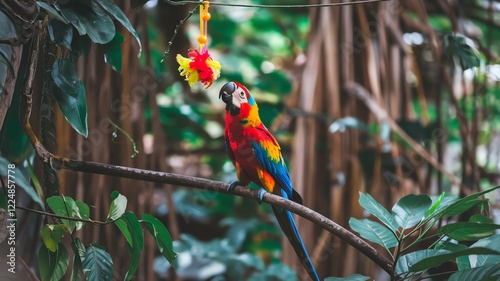 A vibrant parrot perches on a branch surrounded by lush green foliage, showcasing its colorful plumage photo