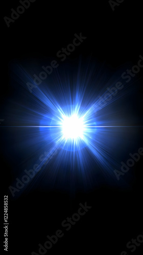 Bright Blue Light Burst Explodes on Dark Background with Subtle Lens Flare
