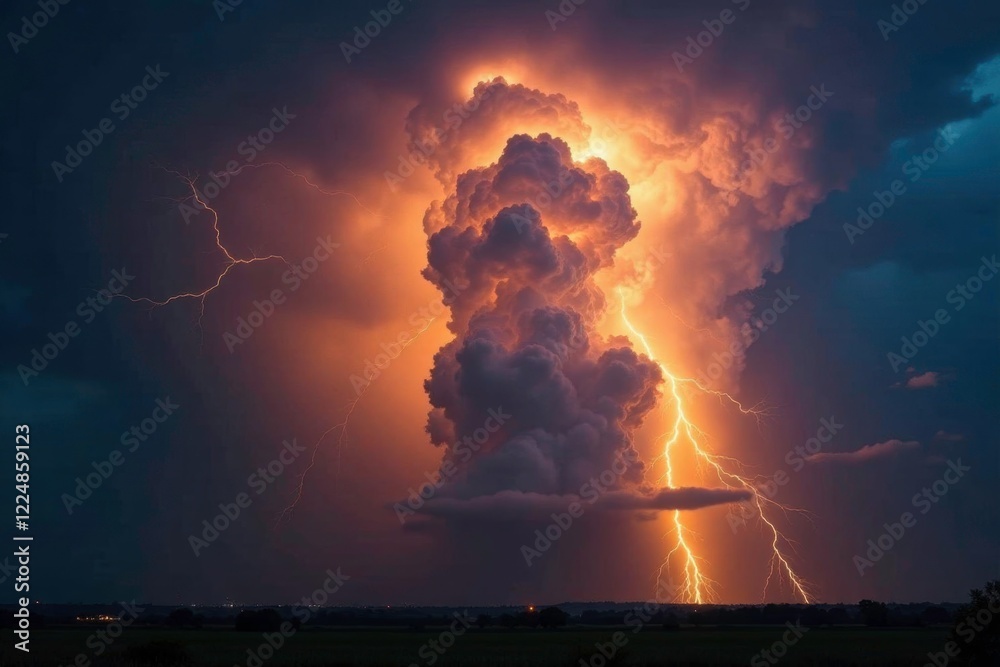 Fototapeta premium Thunderstorm with a massive cumulonimbus cloud and bright yellow lightning, rain, wind