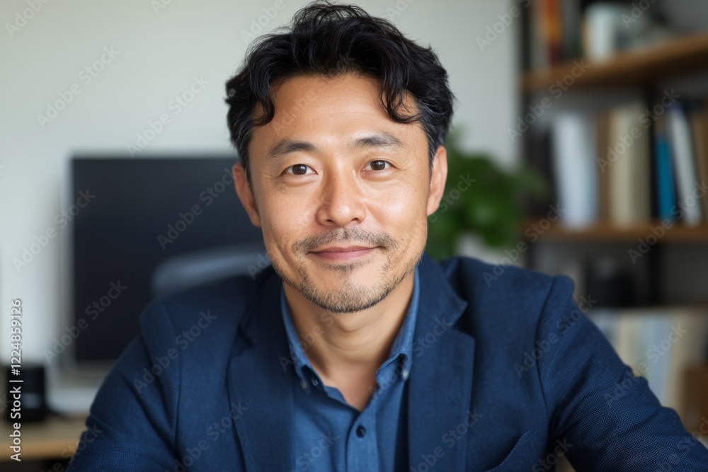 A confident businessman in a navy blue suit smiling in a modern office setting. This professional portrait conveys success, leadership, and corporate confidence. A confident businessman in a navy blue suit smiling in a modern office setting. This professional portrait conveys success, leadership, and corporate confidence.
