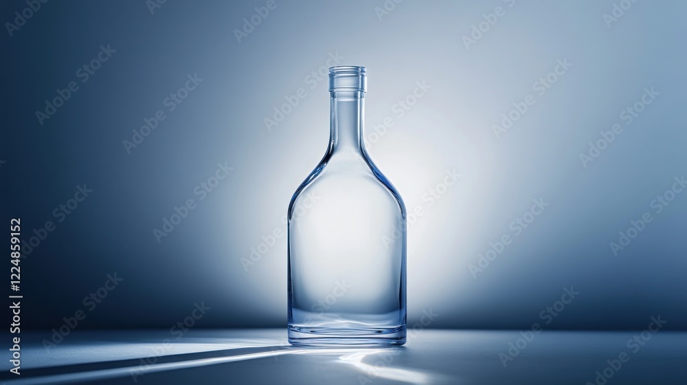 Elegant clear glass bottle with a subtle shadow casting on a smooth surface against soft blue gradient background Elegant clear glass bottle with a subtle shadow casting on a smooth surface against soft blue gradient background