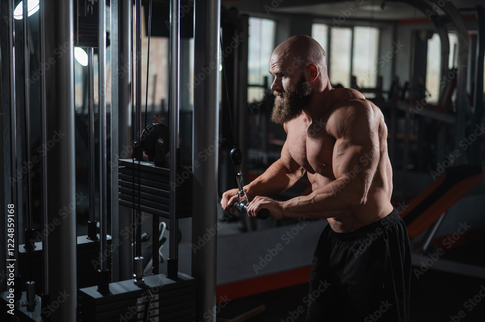 Naklejka premium Bald Caucasian Bodybuilder doing heavy triceps exercises with cable.