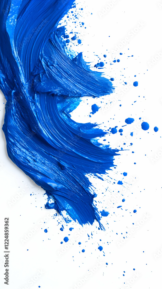 Fototapeta premium Dynamic Blue Paint Stroke with Splashes on White Canvas Creates a Vibrant Abstract Art Piece