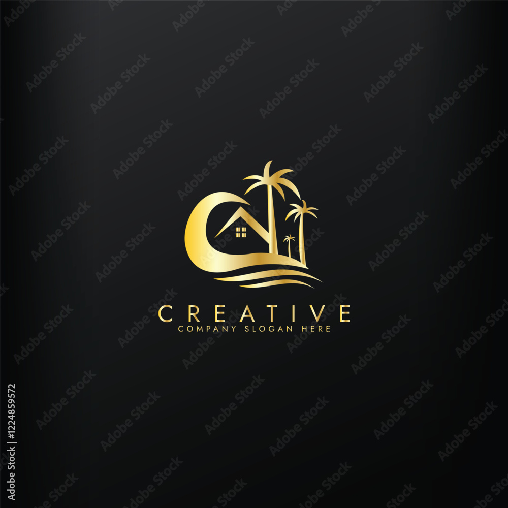 Obraz premium Palm tree wave travel gold home logo Wave beach palm logo design icon combination Vector illustration