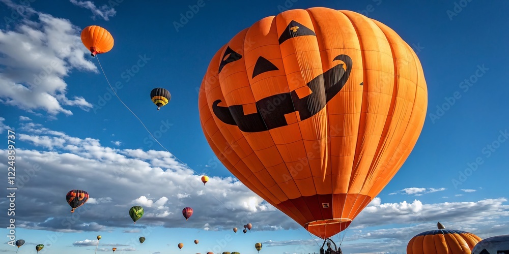 Fototapeta premium Panoramic Halloween: Smiling Jack-o'-Lantern Orange Balloon on Blue