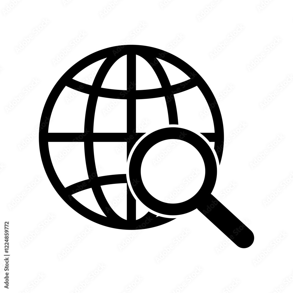 Global search icon. Magnifying planet symbol. Circle world shape. Vector exploration concept. Global search icon. Magnifying planet symbol. Circle world shape. Vector exploration concept.