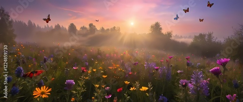 A breathtaking view of a wildflower meadow bursting with vibrant colors inviting butterflies and bees to dance among the blooms. Extremely detailed high resolution illustration.