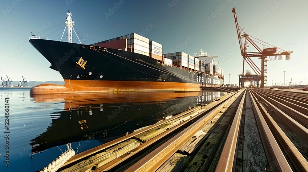 Fototapeta premium Large cargo ship docked at a port with cranes and containers, symbolizing a port strike, highlighting the scale of the port and the absence of activity.