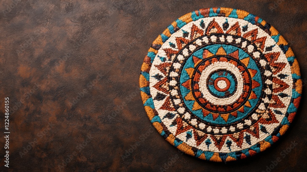 Fototapeta premium Beautifully Handcrafted Circular Decorative Mat with Intricate Colorful Patterns and Textures, Showcasing Traditional Artistry and Ethnic Design Elements