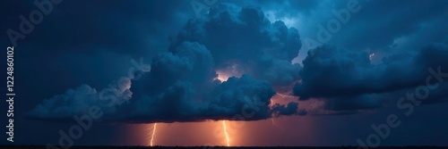 Thunderstorm with massive black clouds and bright yellow lightning, electric blue, turbulent, thunderhead